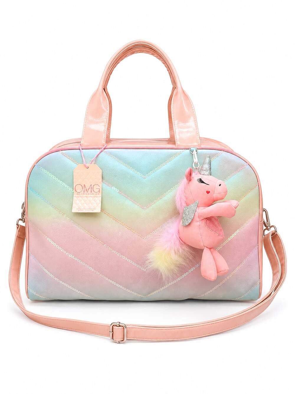 OMG Accessories Pastel Rainbow Chevron Quilted Sequin Bag with Unicorn Charm NWT